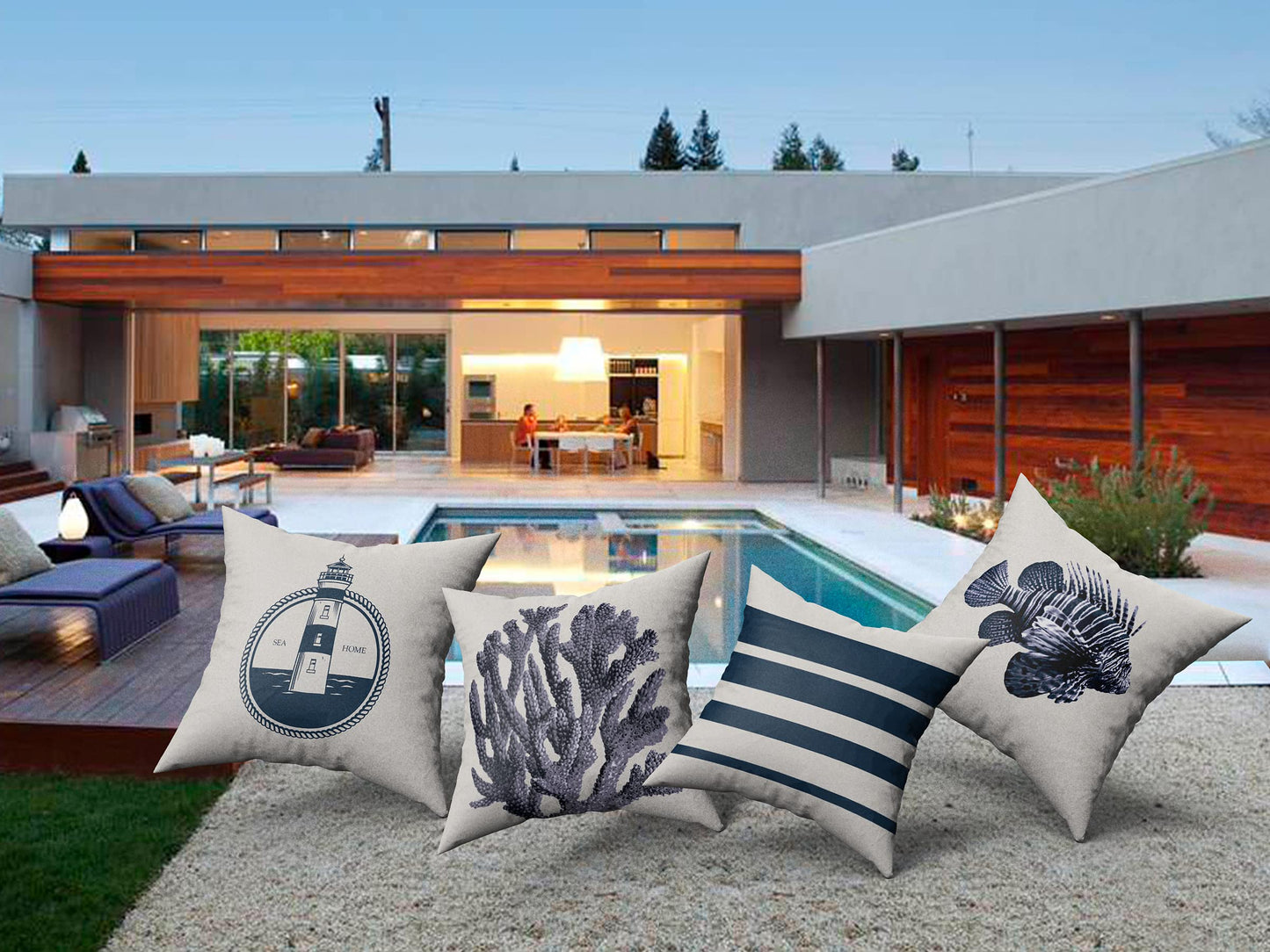 Kit 4 Capas de Almofada Náutica Suede Ziper Invisível (Azul Farol + Coral + Peixe + Listras - 45 x 45cm)