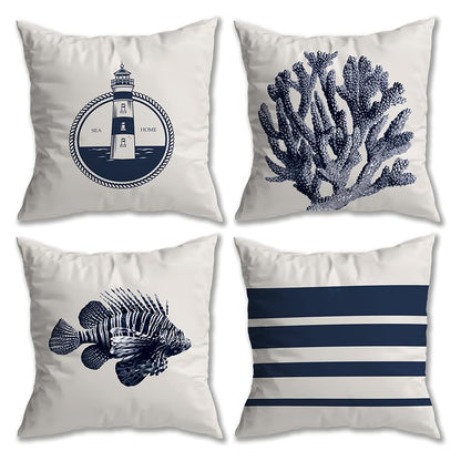 Kit 4 Capas de Almofada Náutica Suede Ziper Invisível (Azul Farol + Coral + Peixe + Listras - 45 x 45cm)