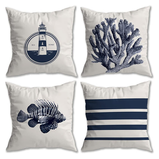 Kit 4 Capas de Almofada Náutica Suede Ziper Invisível (Azul Farol + Coral + Peixe + Listras - 45 x 45cm)
