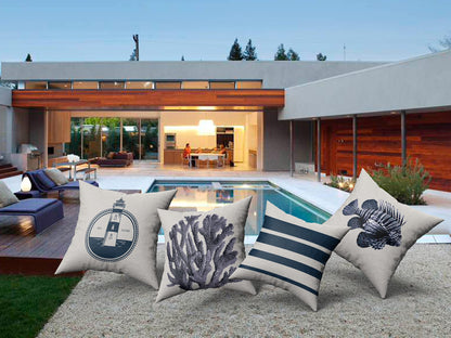 Kit 4 Capas de Almofada Náutica Suede Ziper Invisível (Azul Farol + Coral + Peixe + Listras - 45 x 45cm)