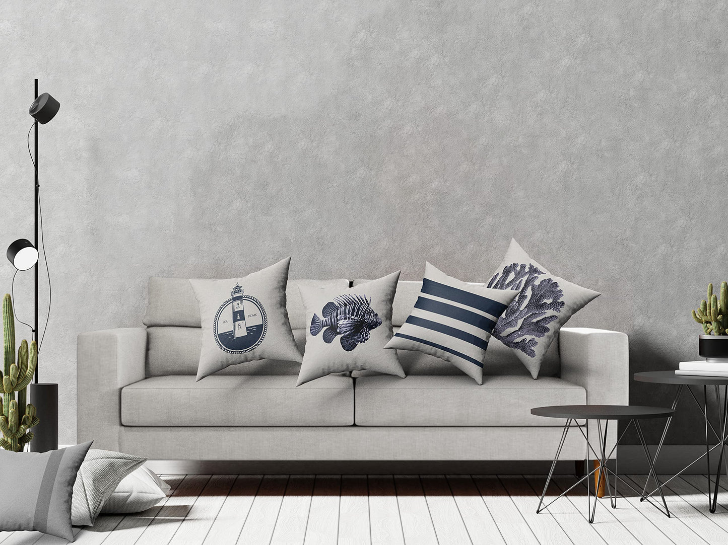 Kit 4 Capas de Almofada Náutica Suede Ziper Invisível (Azul Farol + Coral + Peixe + Listras - 45 x 45cm)